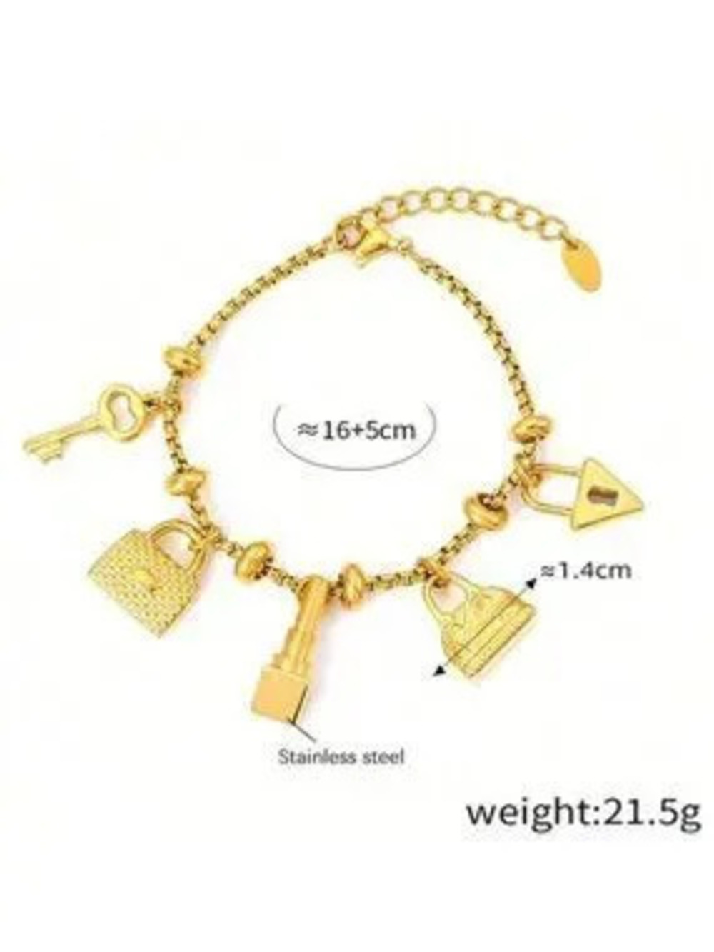 Gold Plated Stainless Steel Charm Bracelet C Key, Lock, Lipstick & Purse Design